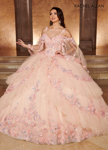 Vestido de quinceanera com mangas compridas e camadas, de Rachel Allan RQ3103