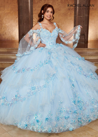 Vestido de quinceanera com mangas compridas e camadas, de Rachel Allan RQ3103