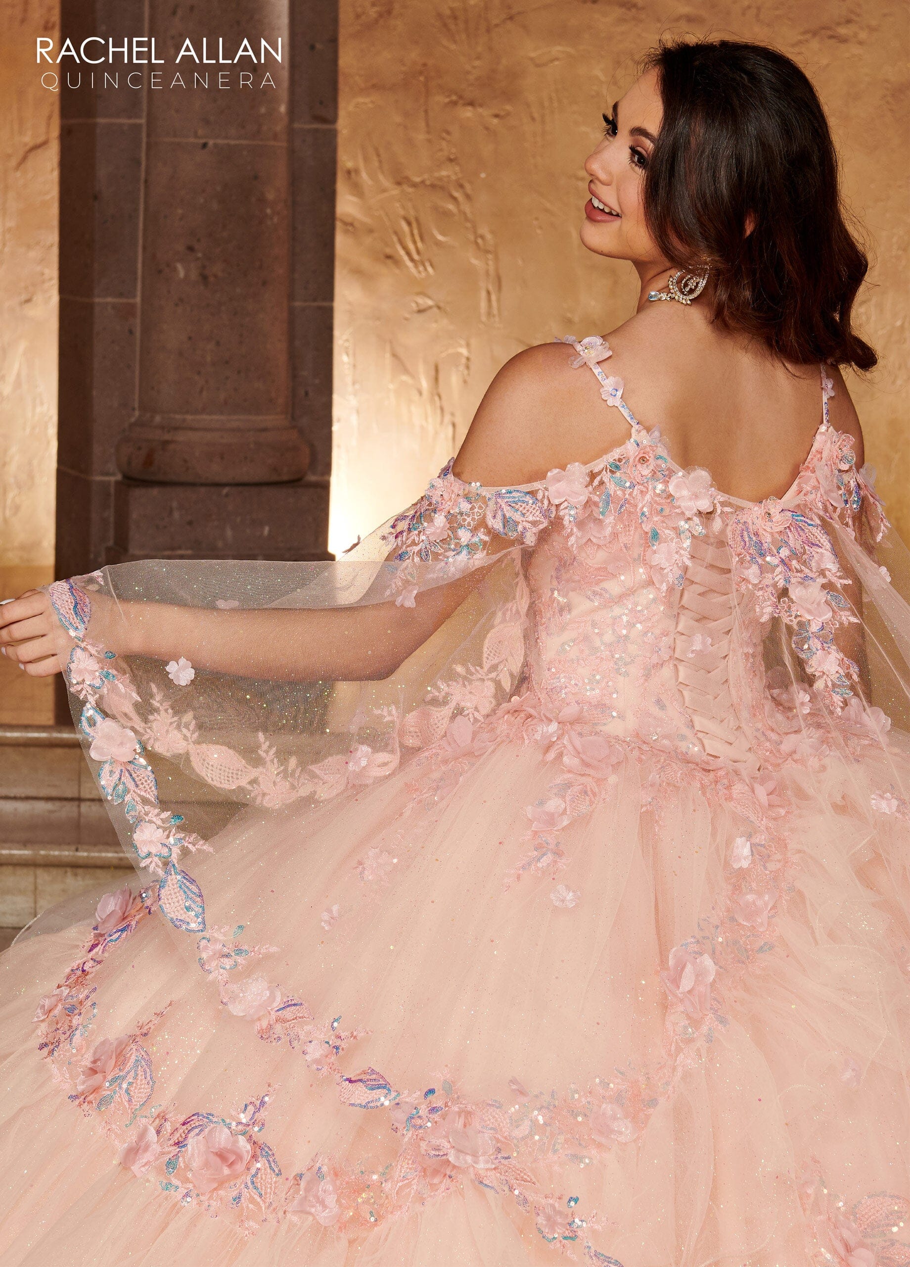 Cape Sleeve Tiered Quinceanera Dress by Rachel Allan RQ3103