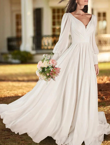 Lässige Brautkleider A-Linie V-Ausschnitt Langarm Sweep/Pinsel Schleppe Chiffon Brautkleider mit Falten