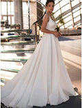 Lässige Brautkleider Hofschleppe Prinzessin Ärmellos Quadratisch Italien Satin Mit Perlenstickerei Volltonfarbe
