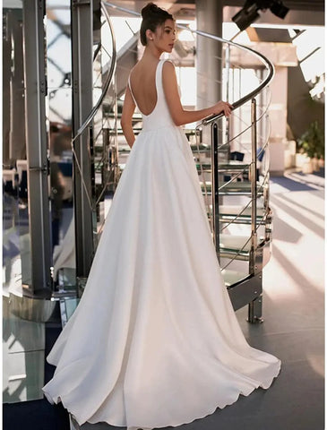 Lässige Brautkleider Hofschleppe Prinzessin Ärmellos Quadratisch Italien Satin Mit Perlenstickerei Volltonfarbe