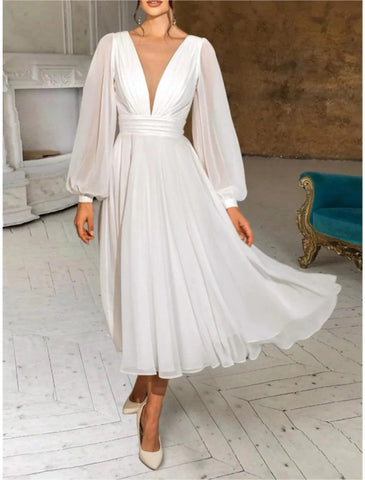 Lässige Brautkleider Etui/Spalte V-Ausschnitt Langarm Knöchellang Chiffon Brautkleider mit Falten gerüscht