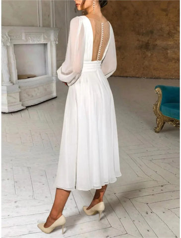Lässige Brautkleider Etui/Spalte V-Ausschnitt Langarm Knöchellang Chiffon Brautkleider mit Falten gerüscht