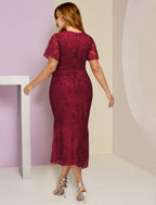 Plus Size Curve Kleid für die Mutter der Braut, Hochzeitsgast, Party, elegant, V-Ausschnitt, knielang, Spitze, kurze Ärmel, mit Falten, einfarbig