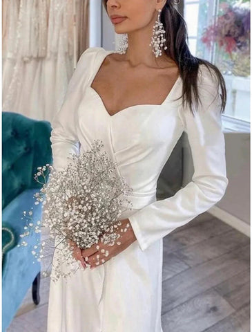 Formelle Brautkleider Etui-Linie/Spalte Herzausschnitt Langarm Hofschleppe Satin Brautkleider mit Falten Schlitz Vorne