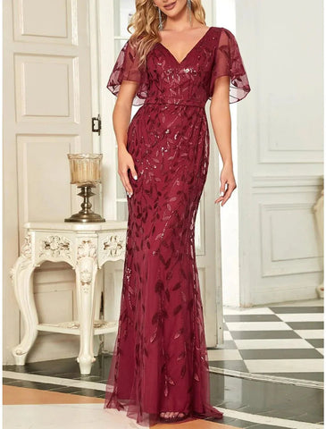 Meerjungfrau/Trompete Kleid für die Mutter der Braut, Hochzeitsgast, funkelnd und glänzend, elegant, V-Ausschnitt, bodenlang, mit Pailletten, kurze Ärmel mit Falten, Pailletten