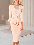 Zweiteiliges Etuikleid/Säulenkleid für die Mutter der Braut, Hochzeitsgast, Kirche, elegant, Rundhalsausschnitt, knielang, Spitze, Stretch-Stoff, kurze Ärmel, kurze Jacke, Kleider mit Schärpe/Band, Herbst