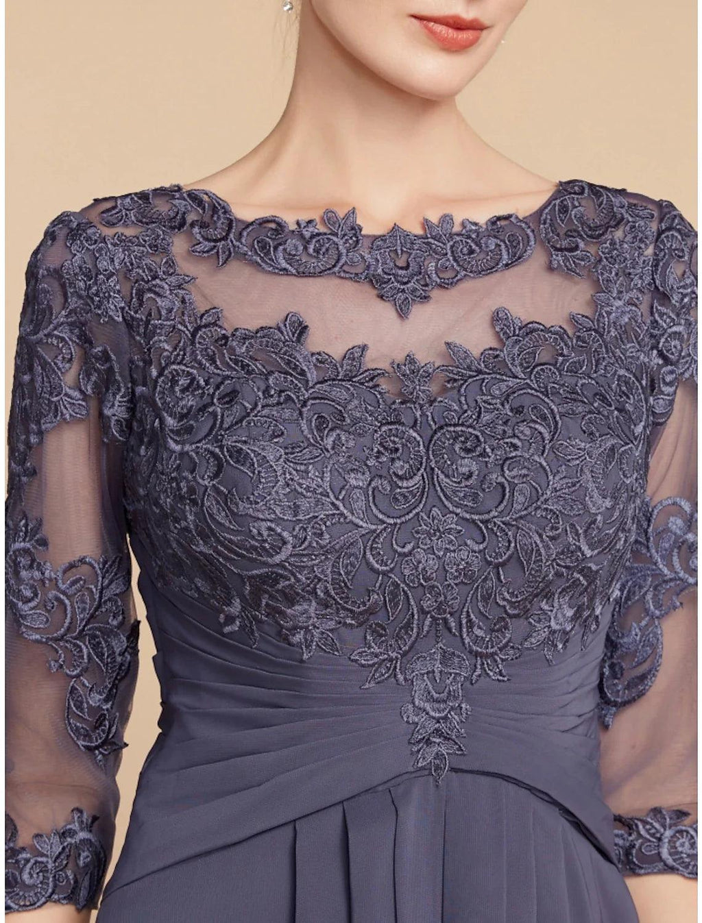 Vestido de mãe da noiva em linha A da Numbersea, elegante, decote redondo, comprimento até ao tornozelo, chiffon, renda, manga 3/4 com franzido, cor sólida