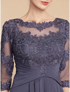 Vestido de mãe da noiva em linha A da Numbersea, elegante, decote redondo, comprimento até ao tornozelo, chiffon, renda, manga 3/4 com franzido, cor sólida