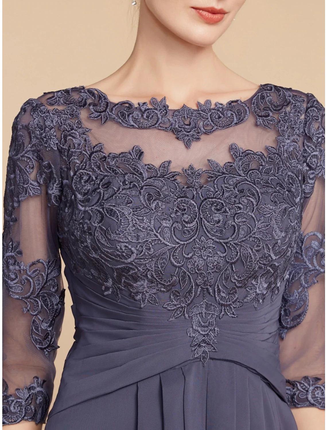 Vestido de mãe da noiva em linha A da Numbersea, elegante, decote redondo, comprimento até ao tornozelo, chiffon, renda, manga 3/4 com franzido, cor sólida