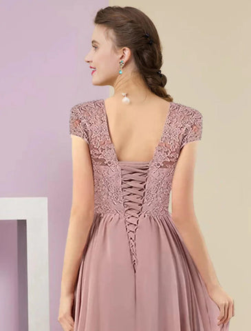 Zweiteiliges A-Linien-Kleid für die Mutter der Braut, formeller Hochzeitsgast, eleganter V-Ausschnitt, Schleppe/Pinselschleppe, Chiffon-Spitze, 3/4-Ärmel, Wickelkleid inklusive, mit Faltenapplikationen