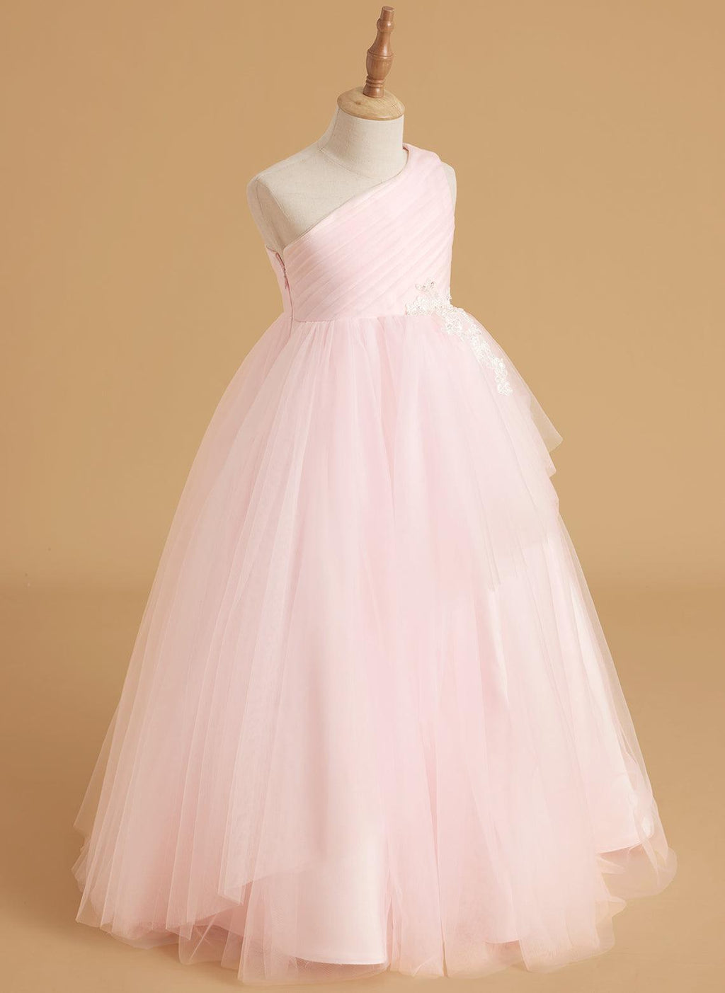 Enchanted Blush A-Line Princess Flower Girl Dress | One-Shoulder Tulle Gown with Train