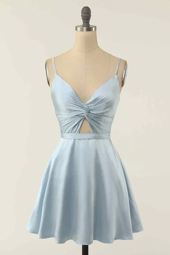 A-Linie V-Ausschnitt Twist-Knoten Cut-Out Plissiertes Mini Homecoming-Kleid Y1866