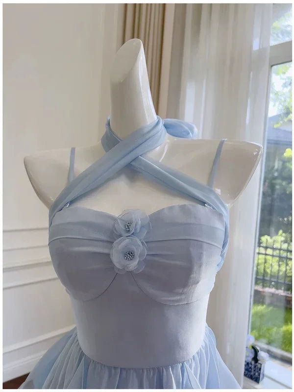 Einfaches Homecoming-/Partykleid aus Chiffon mit blauen Trägerbändchen Y8581