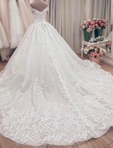 Verlobungs- und formelle Brautkleider Ballkleid mit schulterfreiem Flügelärmeln Kapellenschleppe, Spitze, Brautkleider mit Applikationen, Sommer- und Herbsthochzeitsfeier