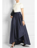 Etuikleid/Säulenkleid für die Mutter der Braut, Hochzeitsgast, schlicht, elegant, hoch, niedrig, Rundhalsausschnitt, asymmetrisch, Taft, kurze Ärmel mit Falten, Farbblock