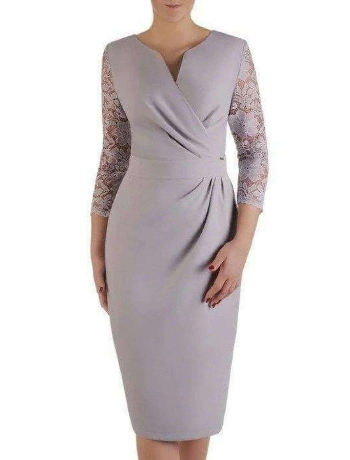 Vestido de mãe da noiva com bainha/coluna, minimalista e elegante, decote em V, comprimento até ao joelho, renda, tecido elástico, manga 3/4 com franzido