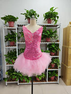 Vestido Bonito de Cuello en V Rosa Corto para Baile de Bienvenida y Faldón de Tul con Volantes Rosa Vestido de Cumpleaños F1069
