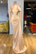 Vestido de Gala de Sirena en Satén con Cuello Alto y Mangas Largas para Champagne
