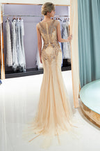 Champagne Long Mermaid Jewel Beading Sequins Evening Dresses