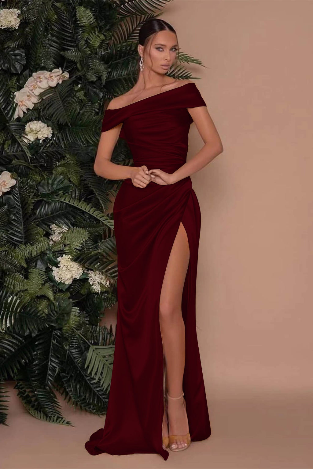 Royal Blue Long Mermaid Off-The-Shoulder Satin Prom Dress with Split