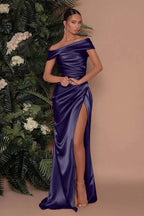 Royal Blue Long Mermaid Off-The-Shoulder Satin Prom Dress with Split