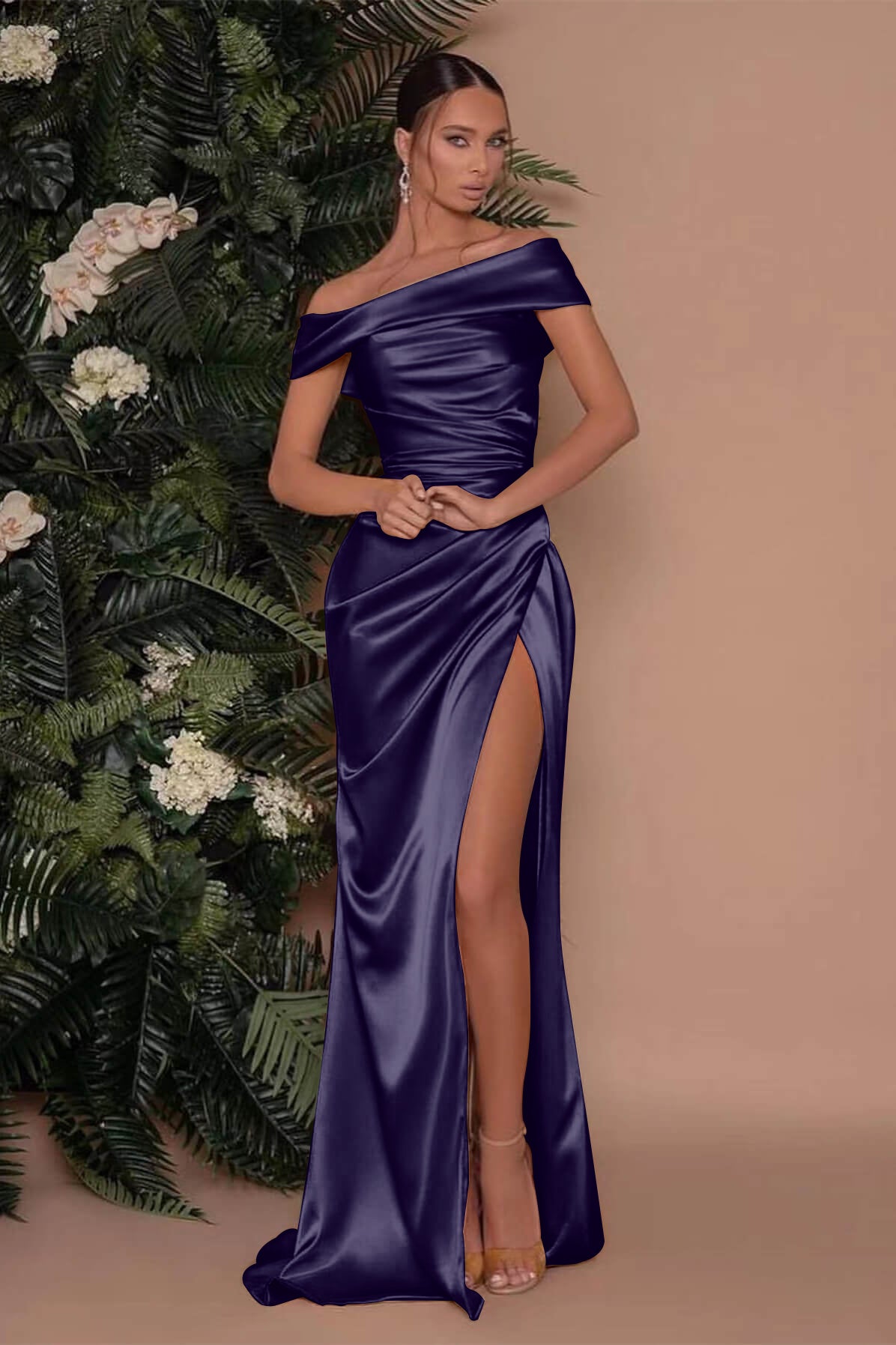Royal Blue Long Mermaid Off-The-Shoulder Satin Prom Dress with Split