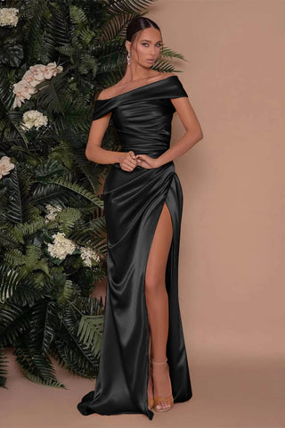Royal Blue Long Mermaid Off-The-Shoulder Satin Prom Dress with Split