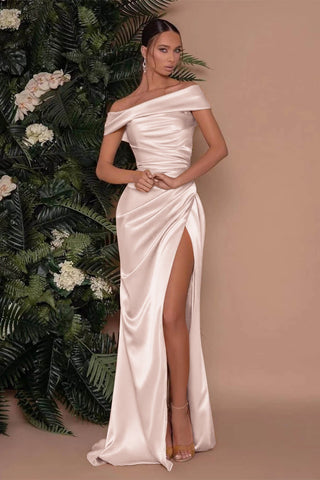 Royal Blue Long Mermaid Off-The-Shoulder Satin Prom Dress with Split