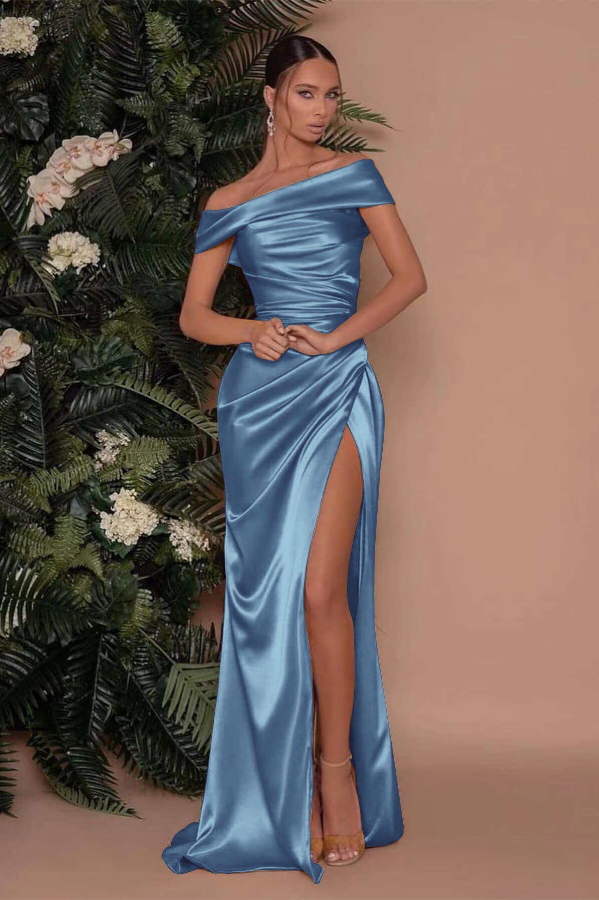Royal Blue Long Mermaid Off-The-Shoulder Satin Prom Dress with Split