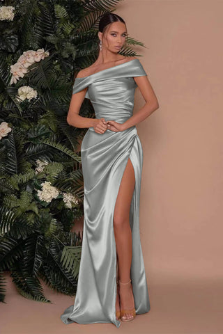 Royal Blue Long Mermaid Off-The-Shoulder Satin Prom Dress with Split