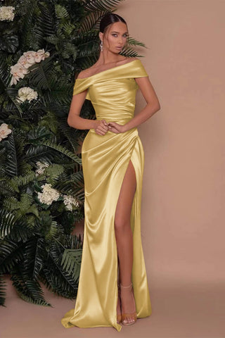 Royal Blue Long Mermaid Off-The-Shoulder Satin Prom Dress with Split