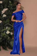 Royal Blue Long Mermaid Off-The-Shoulder Satin Prom Dress with Split