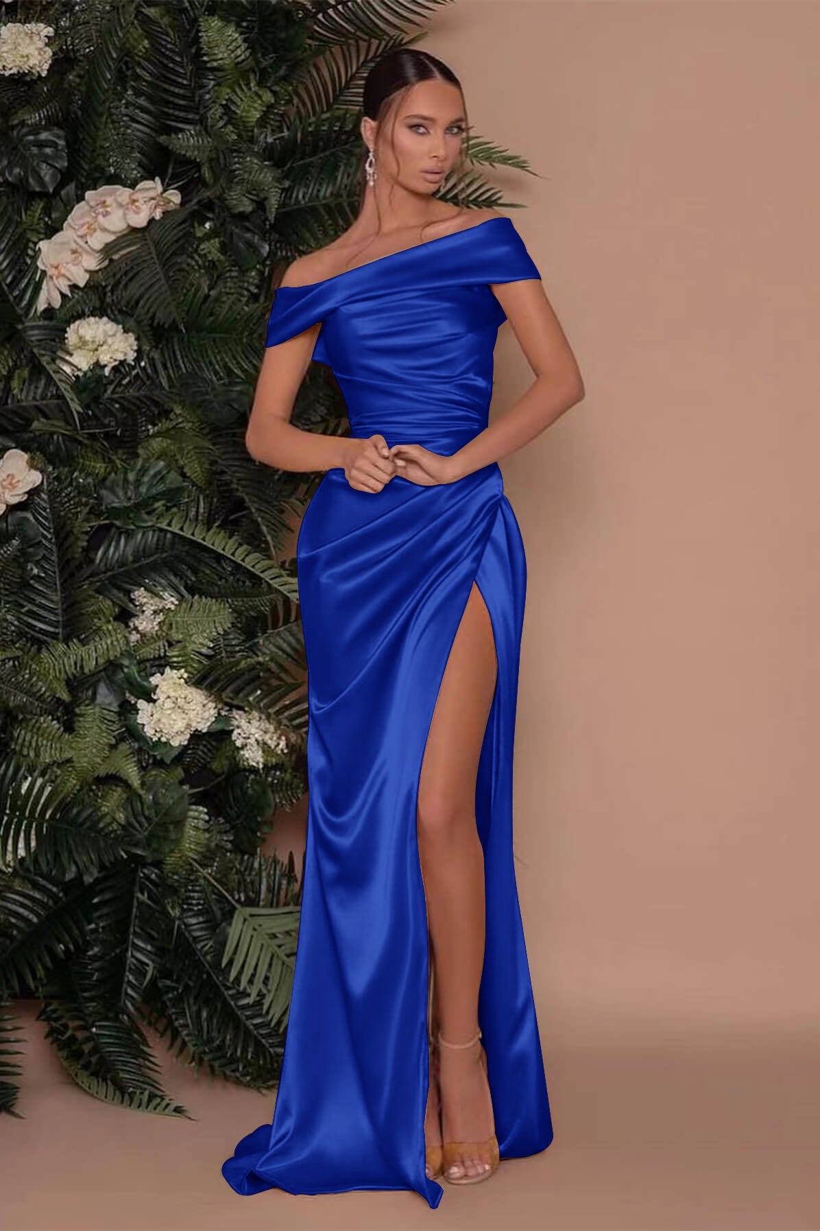 Royal Blue Long Mermaid Off-The-Shoulder Satin Prom Dress with Split