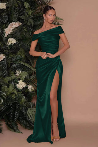 Royal Blue Long Mermaid Off-The-Shoulder Satin Prom Dress with Split