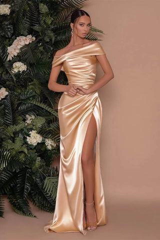 Royal Blue Long Mermaid Off-The-Shoulder Satin Prom Dress with Split