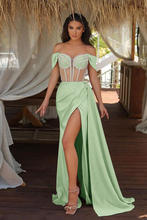 Burgundy Long Off The Shoulder Mermaid Ruffles Evening Dress with Split