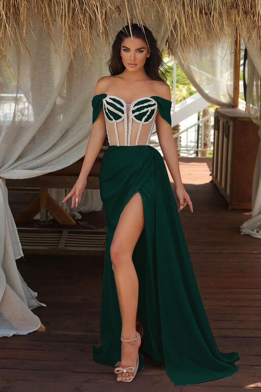 Burgundy Long Off The Shoulder Mermaid Ruffles Evening Dress with Split