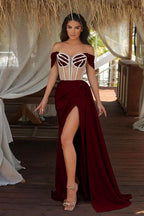Burgundy Long Off The Shoulder Mermaid Ruffles Evening Dress with Split