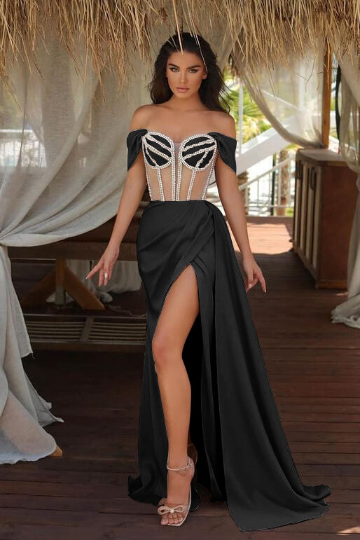 Burgundy Long Off The Shoulder Mermaid Ruffles Evening Dress with Split