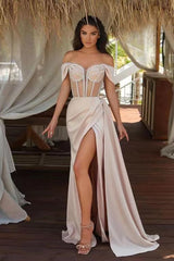 Burgundy Long Off The Shoulder Mermaid Ruffles Evening Dress with Split