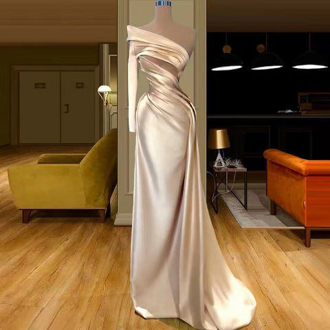 Champagne One Shoulder Long Sleeves Mermaid Satin Evening Dresses