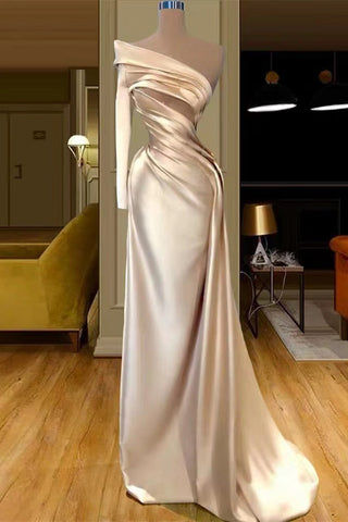 Champagne One Shoulder Long Sleeves Mermaid Satin Evening Dresses