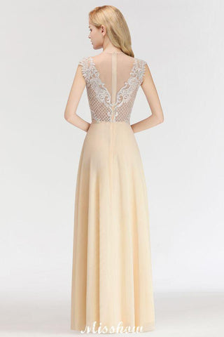 Champagne Sleeveless A-Line Crystal Jewel Bridesmaid Dresses Floor Length Party Dress