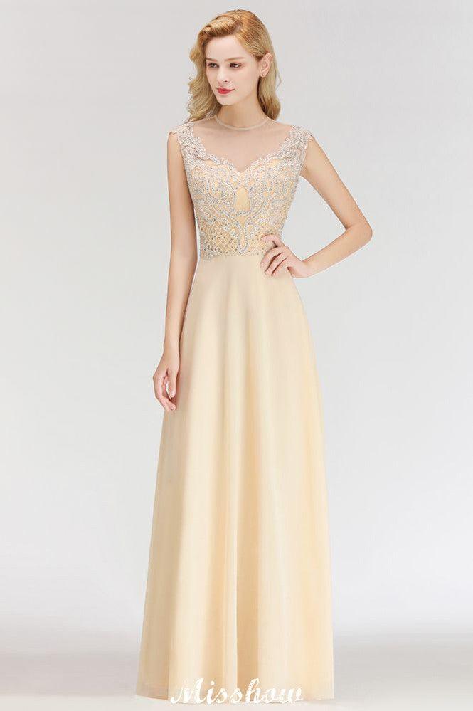 Champagne Sleeveless A-Line Crystal Jewel Bridesmaid Dresses Floor Length Party Dress