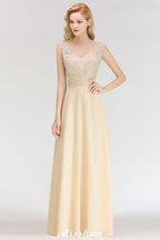 Champagne Sleeveless A-Line Crystal Jewel Bridesmaid Dresses Floor Length Party Dress