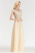Champagne Sleeveless A-Line Crystal Jewel Bridesmaid Dresses Floor Length Party Dress