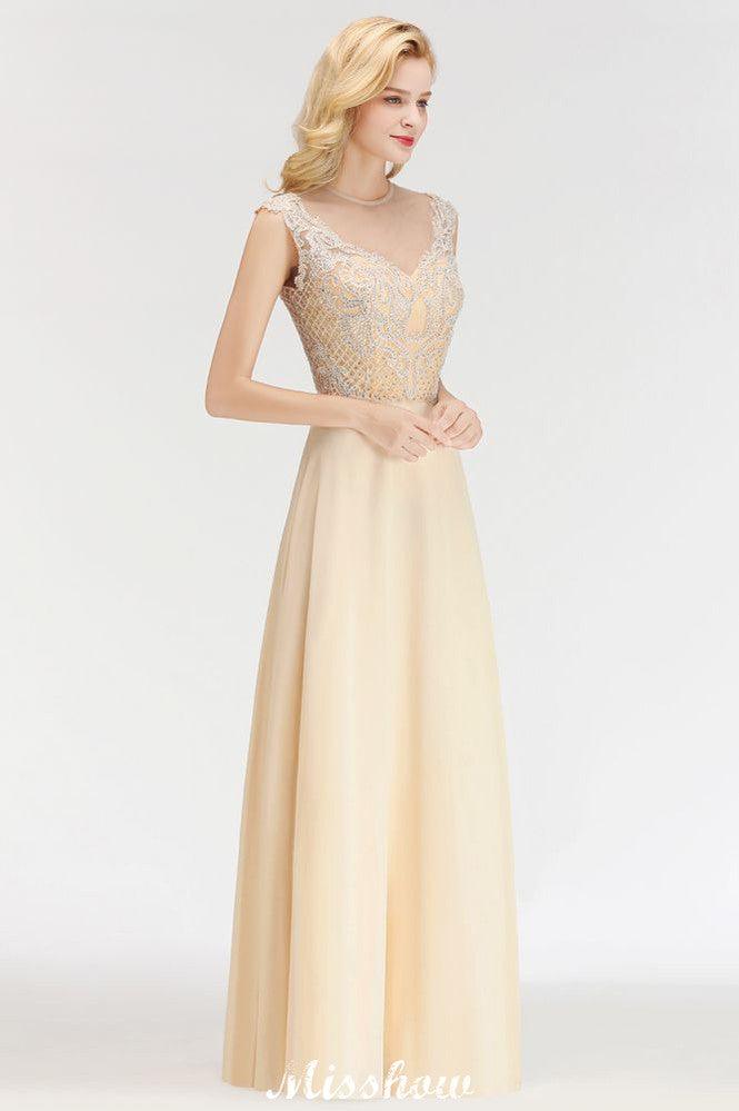 Champagne Sleeveless A-Line Crystal Jewel Bridesmaid Dresses Floor Length Party Dress
