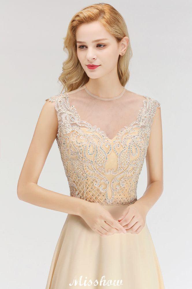 Champagne Sleeveless A-Line Crystal Jewel Bridesmaid Dresses Floor Length Party Dress